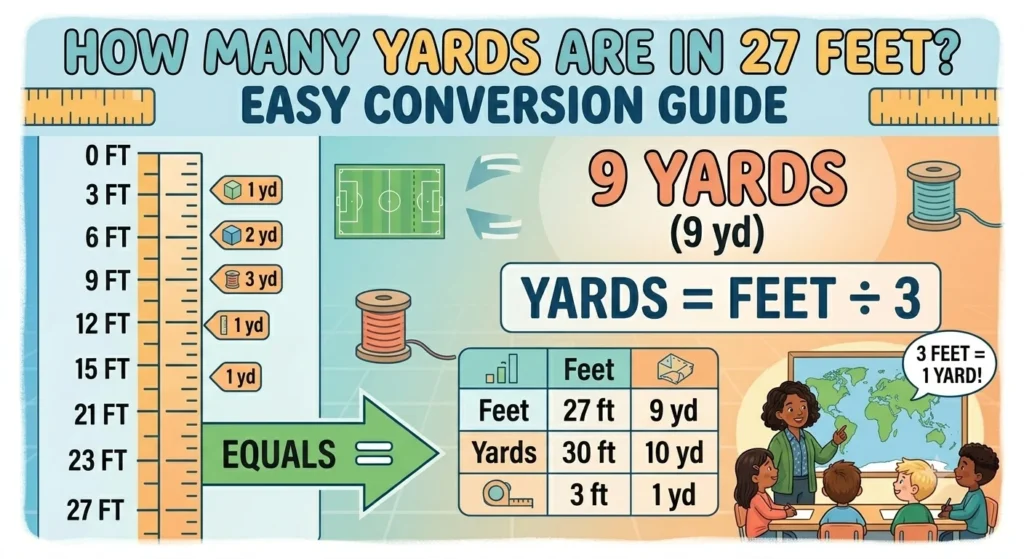 Infographic is showing that How Many Yards Are in 27 Feet? Easy Conversion Guide