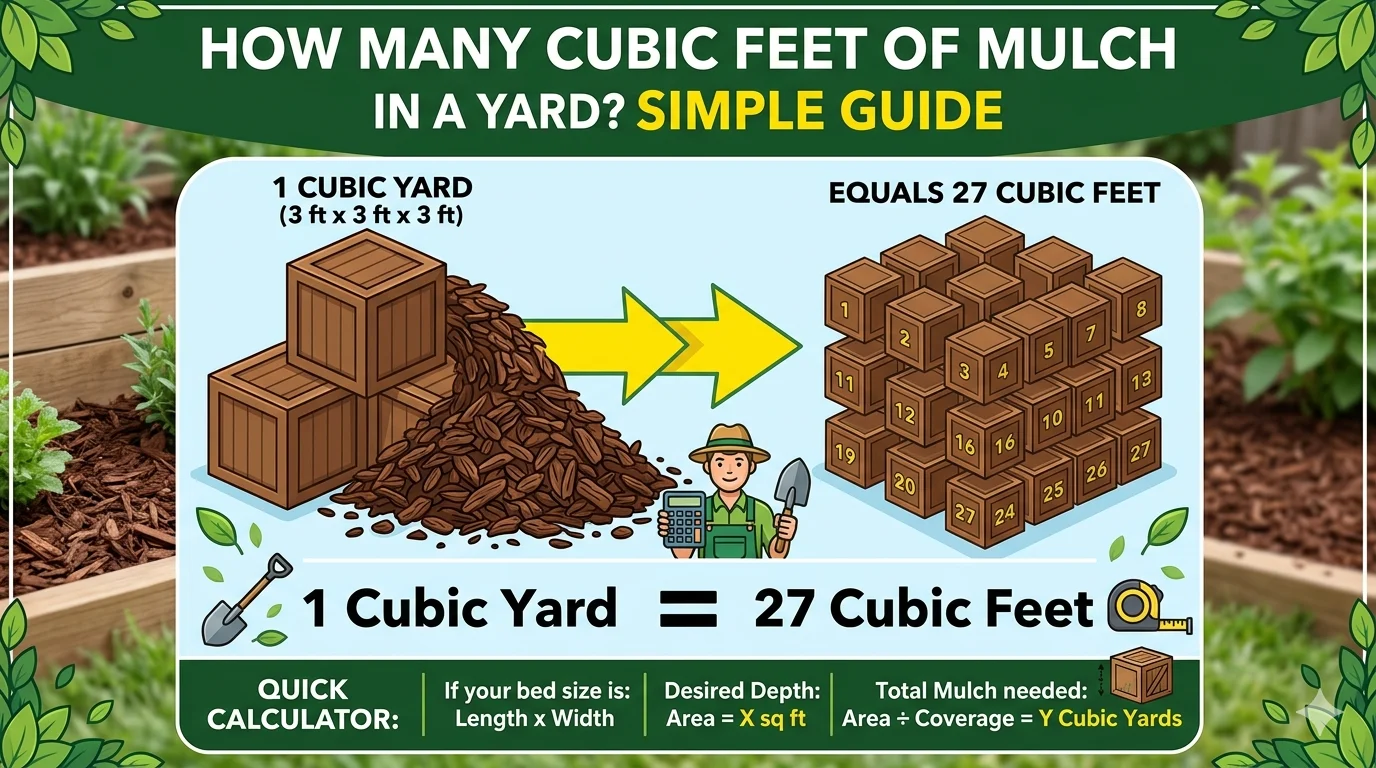Infographic is showing that How Many Cubic Feet of Mulch in a Yard? Simple Guide