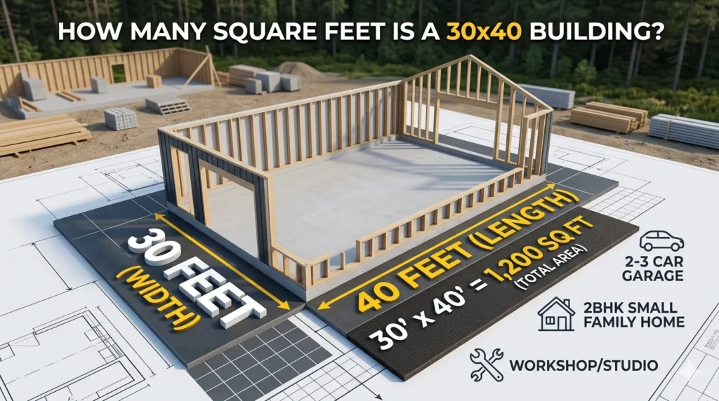 Infographic is showing that How Many Square Feet Is a 30x40 Building? Full Guide