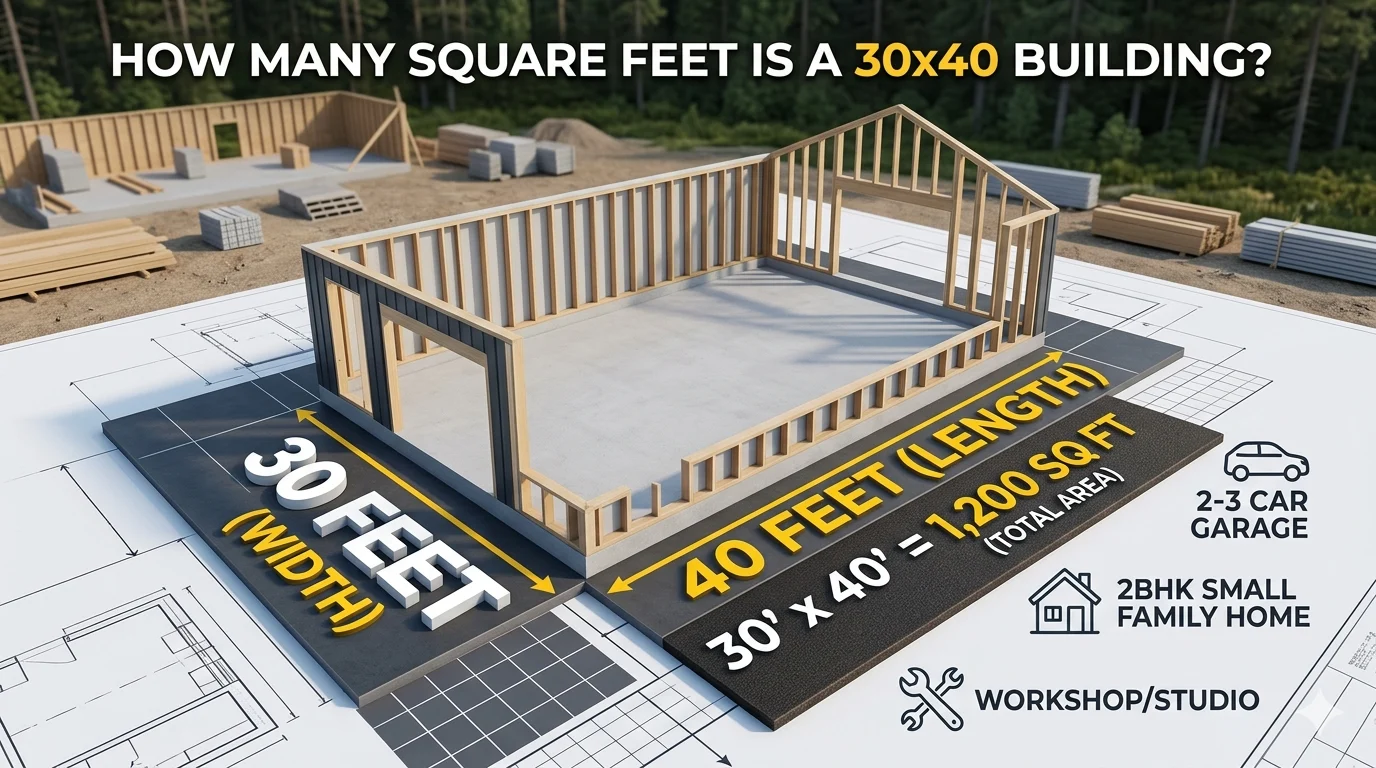 Infographic is showing that How Many Square Feet Is a 30x40 Building? Full Guide