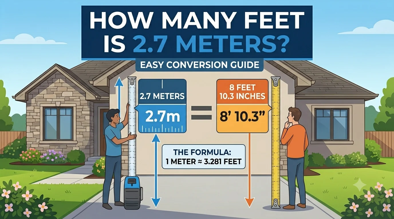 Infographic is showing that How Many Feet Is 2.7 Meters? Easy Conversion Guide
