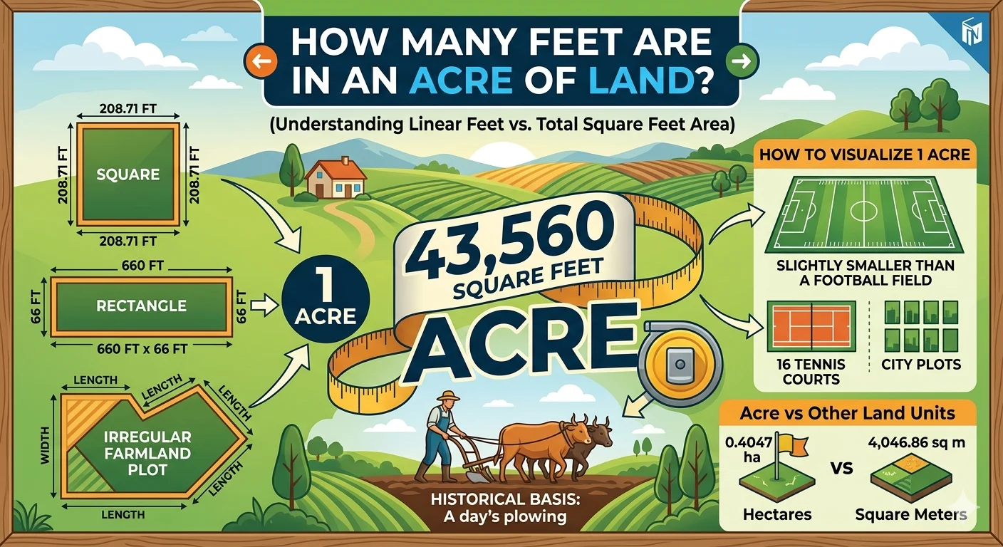 Infographic is showing that How Many Feet Are in an Acre of Land? Explained Simply