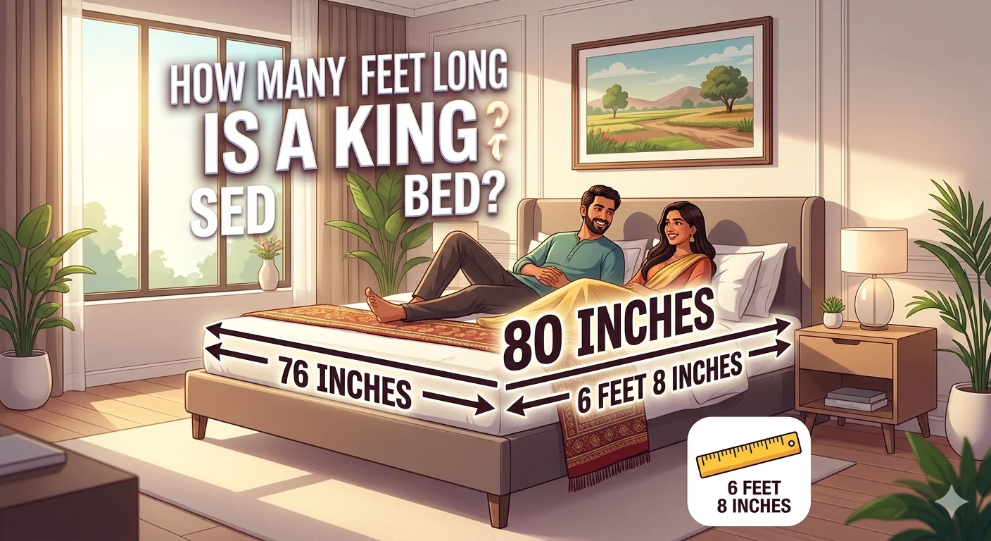 Infographic is showing that How Many Feet Long Is a King Size Bed?