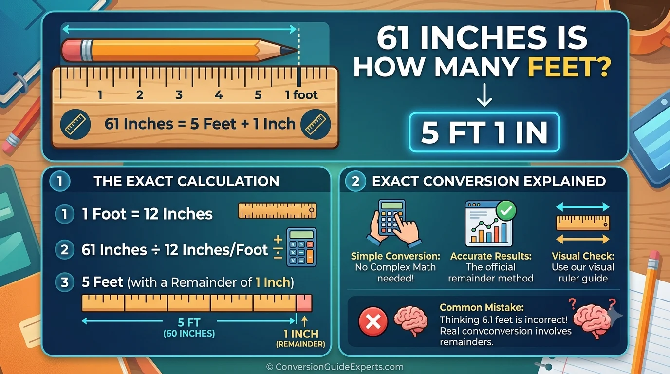 Infographic is showing that 61 Inches Is How Many Feet? Exact Conversion Explained