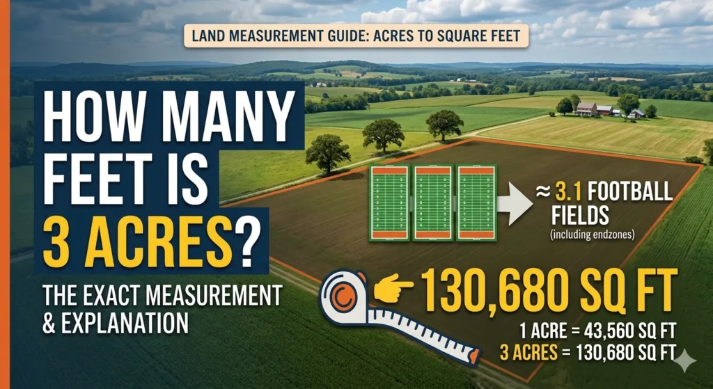 Infographic is showing that How Many Feet Is 3 Acres? Full Conversion Explained