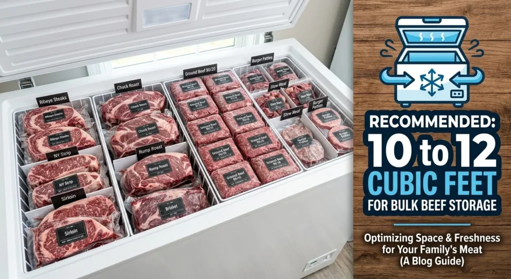 Infographic is showing that How Many Cubic Feet Freezer for Half a Cow? Complete Guide