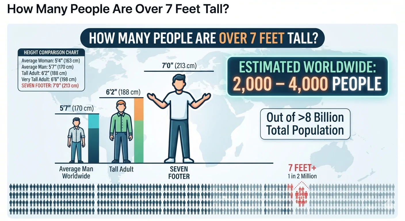 Infographic is showing that How Many People Are Over 7 Feet Tall Worldwide?