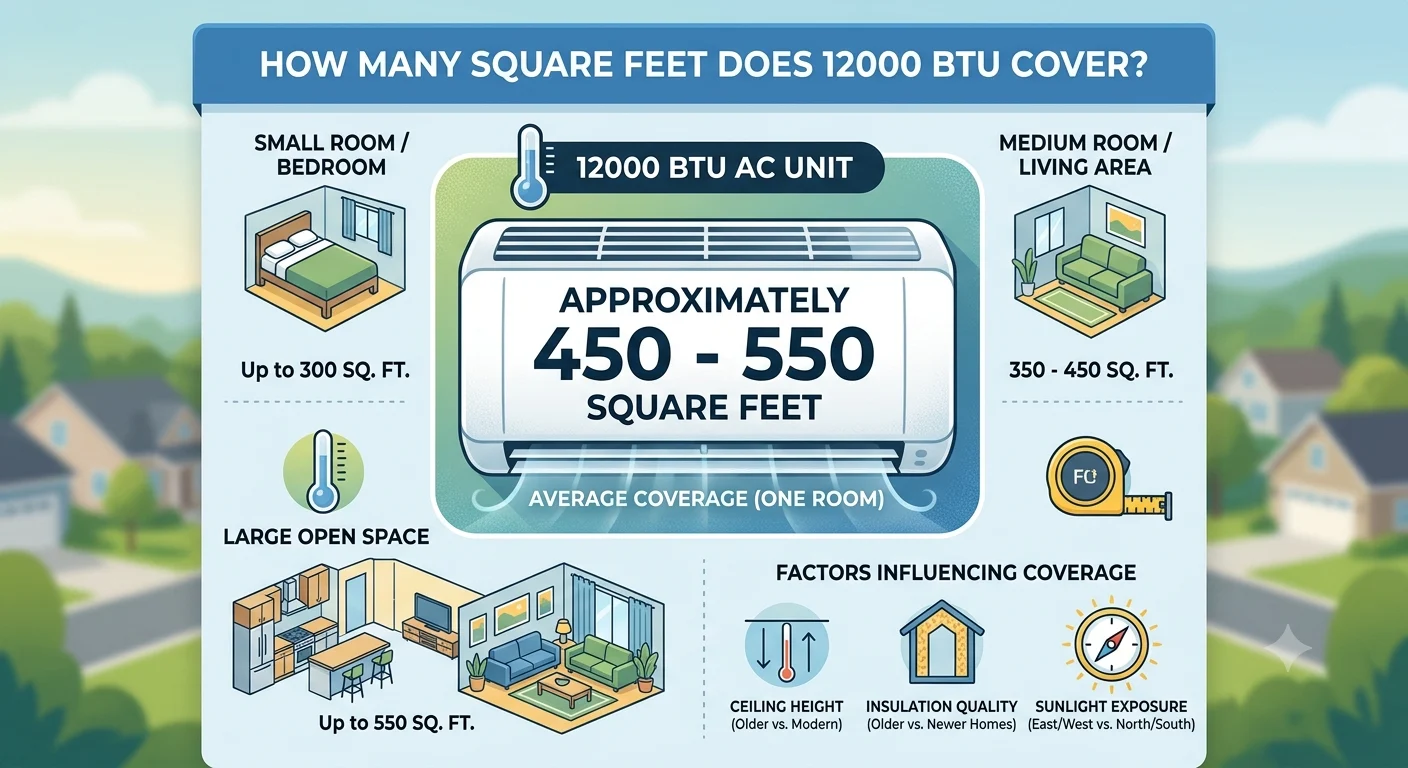 Infographic is showing that How Many Square Feet Does 12000 BTU Cover?