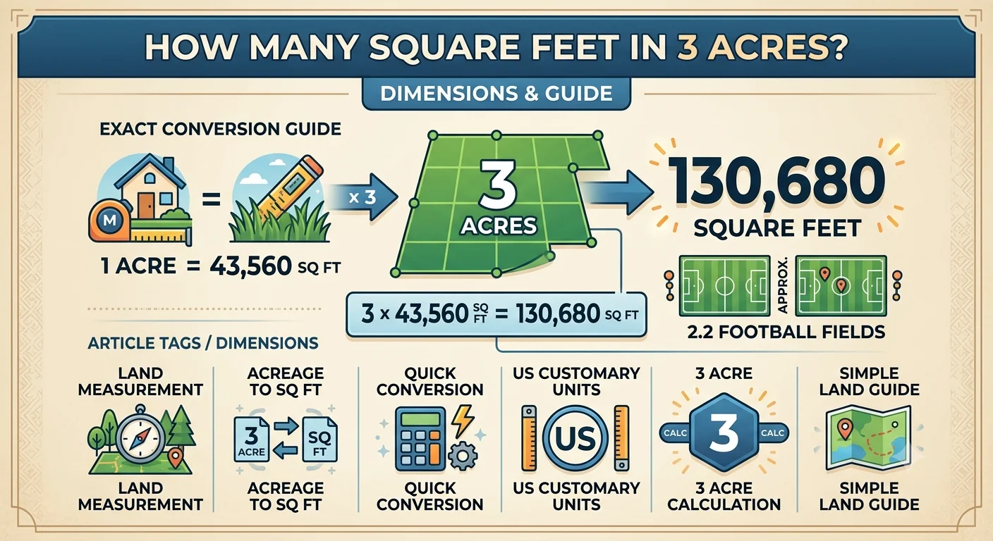 Infographic is showing that How Many Square Feet in 3 Acres? Exact Conversion Guide