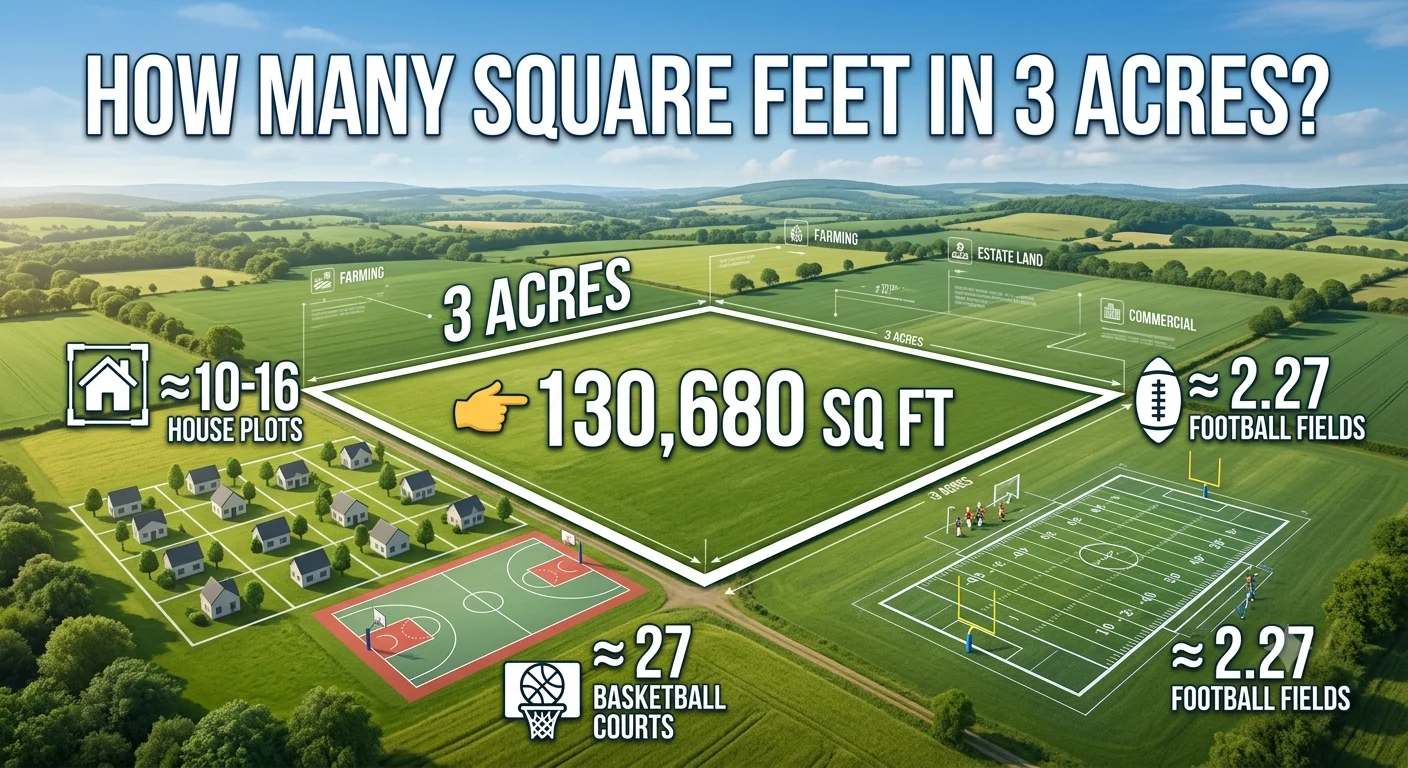 Infographic is showing that How Many Square Feet in 3 Acres? Simple Conversion Guide