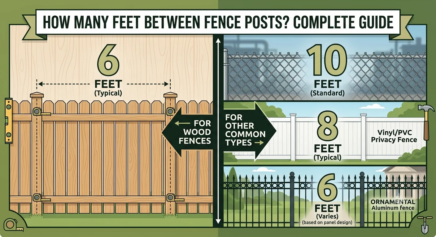 Infographic is showing that How Many Feet Between Fence Posts? Complete Guide