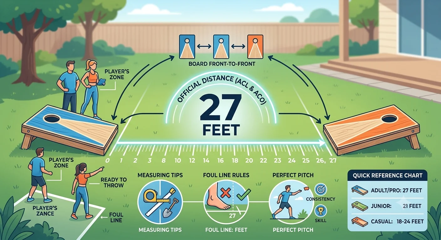 Infographic is showing that How Many Feet Between Cornhole Boards? Official Guide