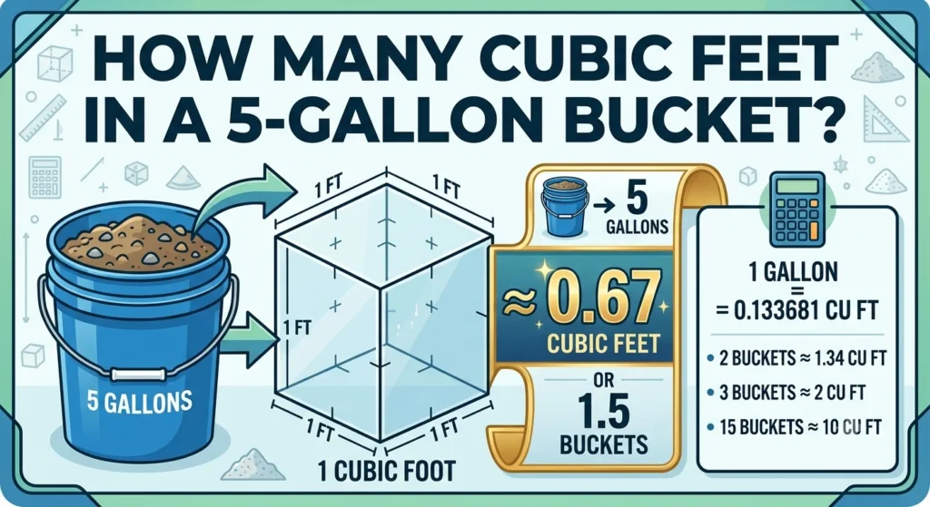 Infographic is showing that How Many Cubic Feet in a Five Gallon Bucket?