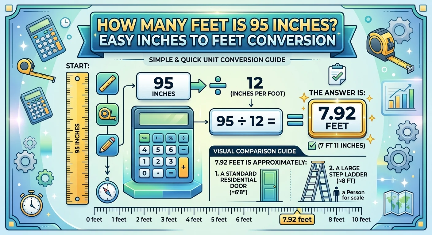 Infographic is showing that how many feet is 95 in โ Easy Inches to Feet Conversion