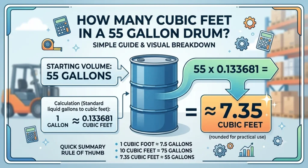 Infographic is showing that How Many Cubic Feet in a 55 Gallon Drum?