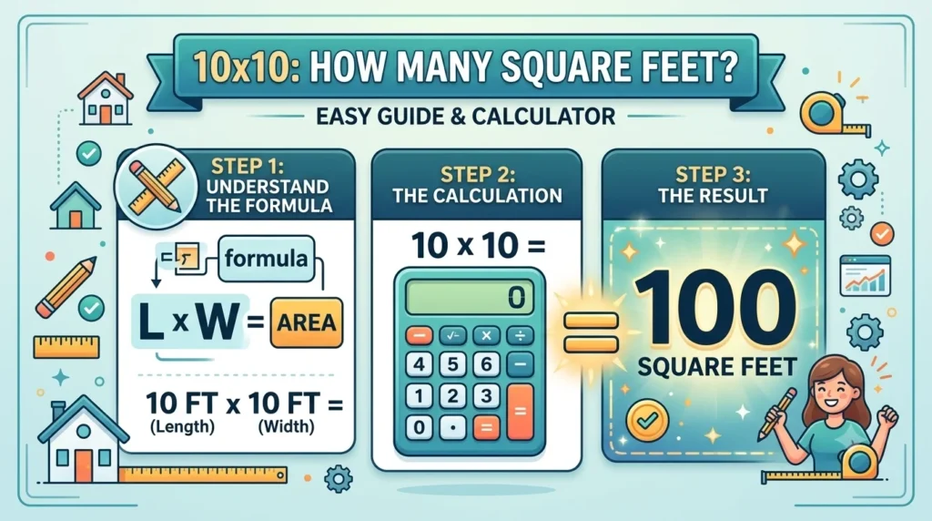 Infographic is showing that 10x10 How Many Square Feet? Easy Guide & Calculator