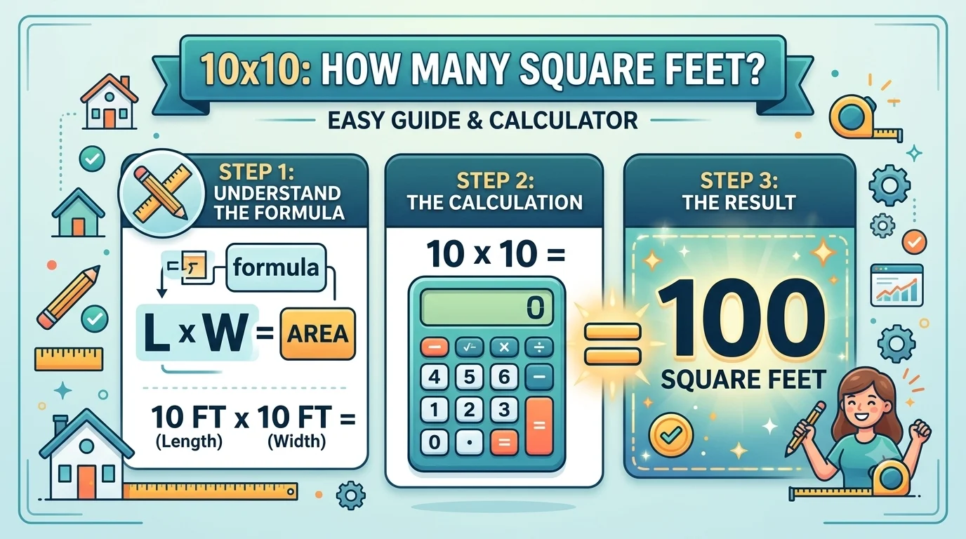 Infographic is showing that 10x10 How Many Square Feet? Easy Guide & Calculator