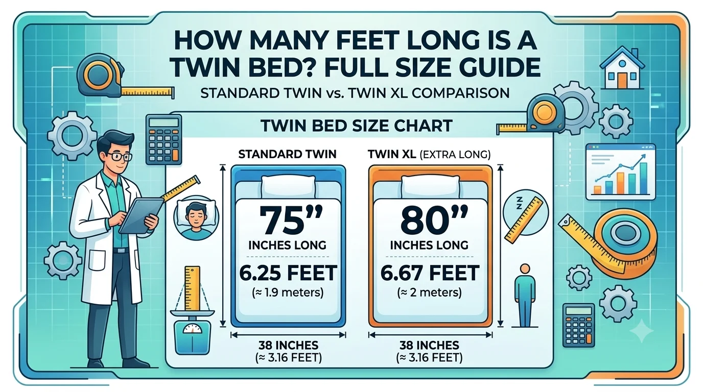 Infographic is showing that How Many Feet Long Is a Twin Bed? Full Size Guide