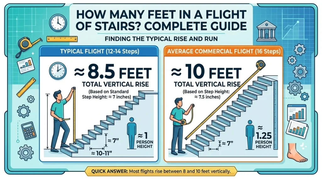 Infographic is showing that How Many Feet in a Flight of Stairs? Complete Guide