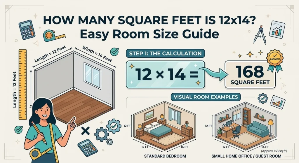 Infography is showing that How Many Square Feet Is 12x14? Easy Room Size Guide
