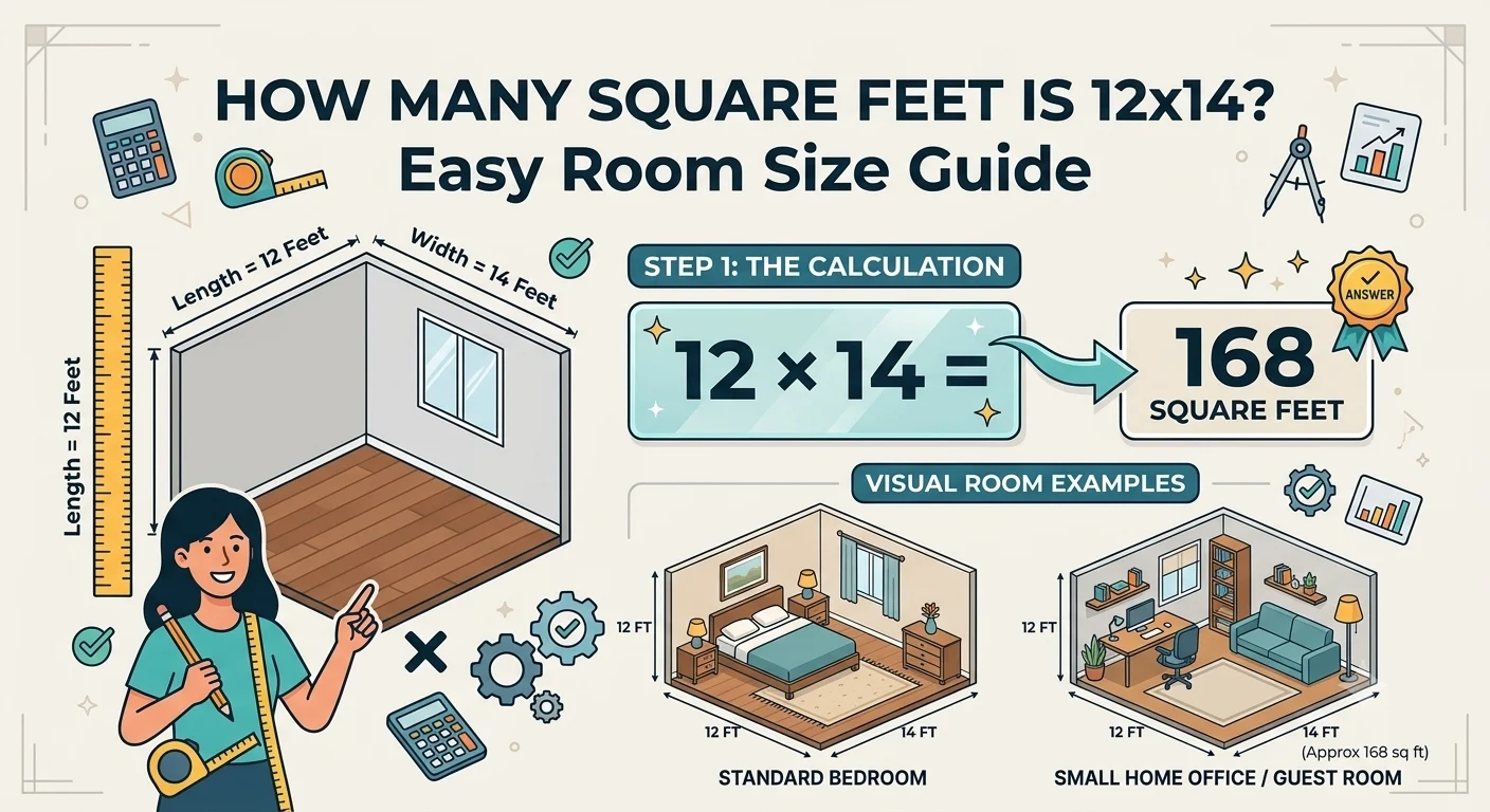 Infography is showing that How Many Square Feet Is 12x14? Easy Room Size Guide