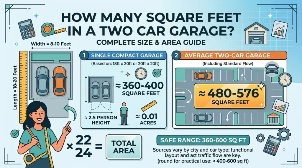 Infographic is showing that vHow Many Square Feet in a Two Car Garage? Complete Guide