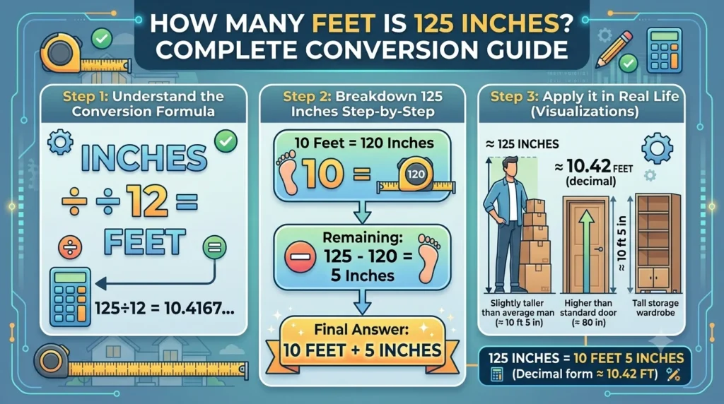 Infographic is showing that How Many Feet Is 125 Inches? Easy Conversion Guide
