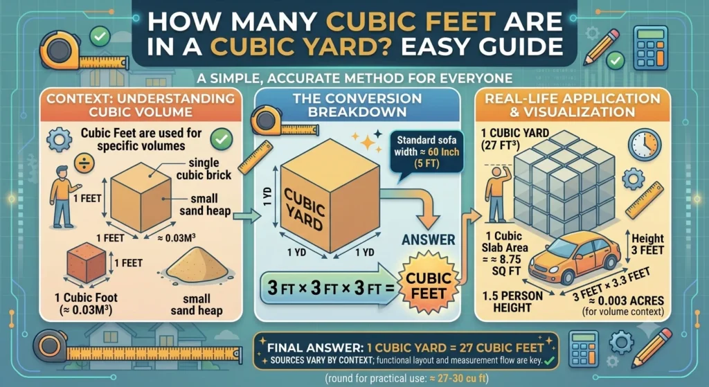 Infographic is showing that How Many Cubic Feet Are in a Cubic Yard? Easy Guide