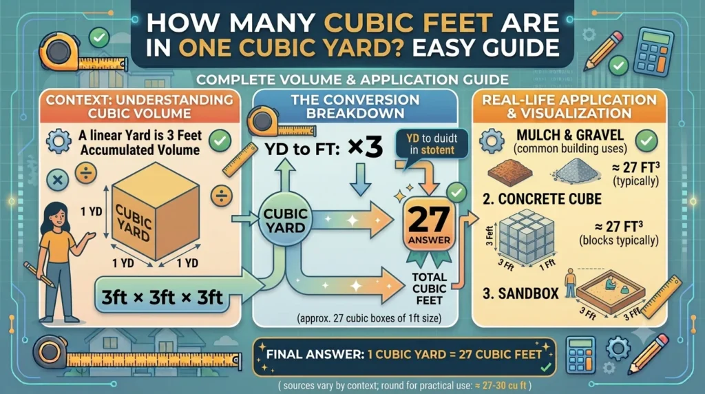 Infographic is showing that How Many Cubic Feet Are in One Cubic Yard? Easy Guide