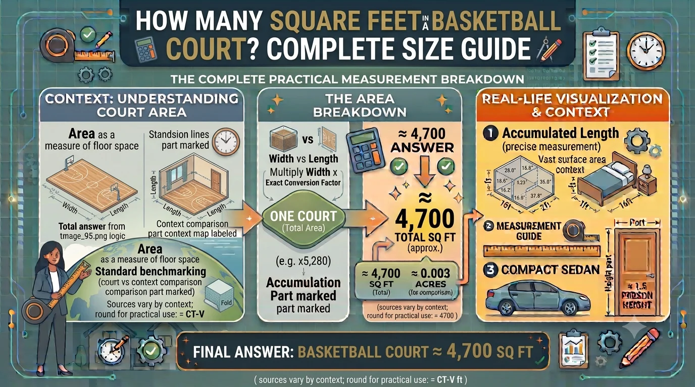 Infographic is showing that How Many Square Feet in a Basketball Court? Complete Size Guide