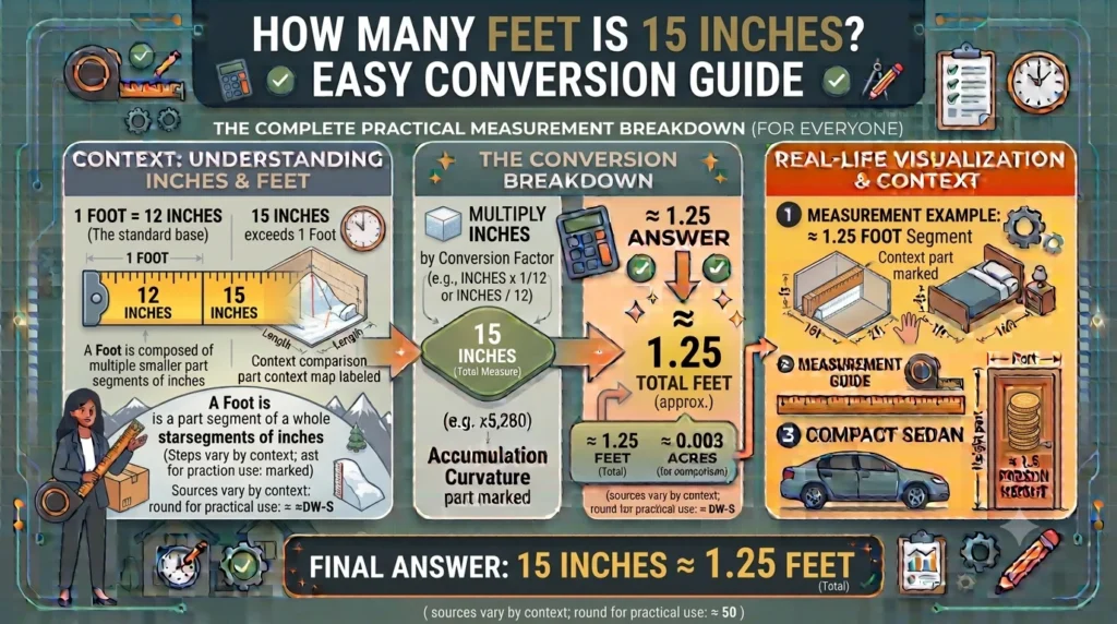 Infographic is showing that How Many Feet Is 15 Inches? Easy Conversion Guide