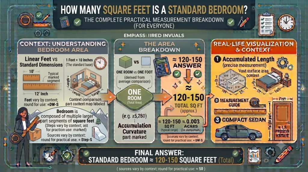 Infographic is showing that How Many Square Feet Is a Standard Bedroom? Size Guide