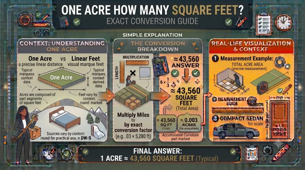 Infiographic is showing that One Acre How Many Square Feet? Exact Conversion Guide