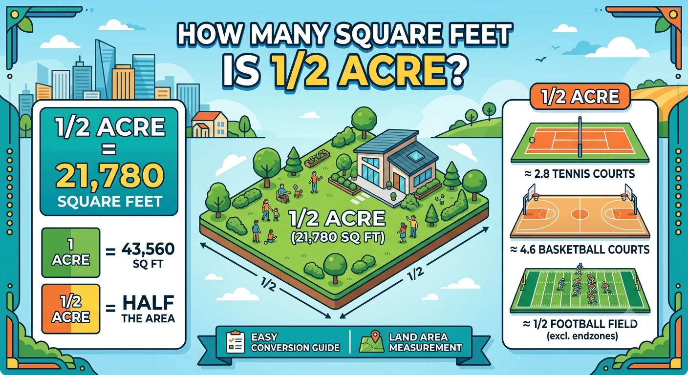 Infographic is showing that How Many Square Feet Is 1/2 Acre? Easy Conversion Guide
