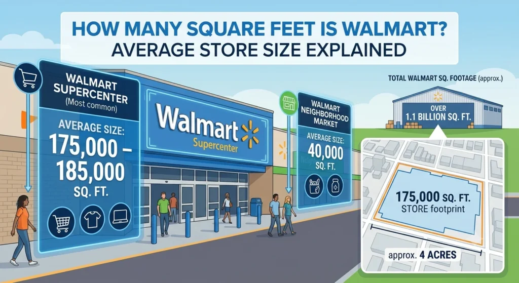 Infographic Is showing that How Many Square Feet Is Walmart? Average Store Size Explained