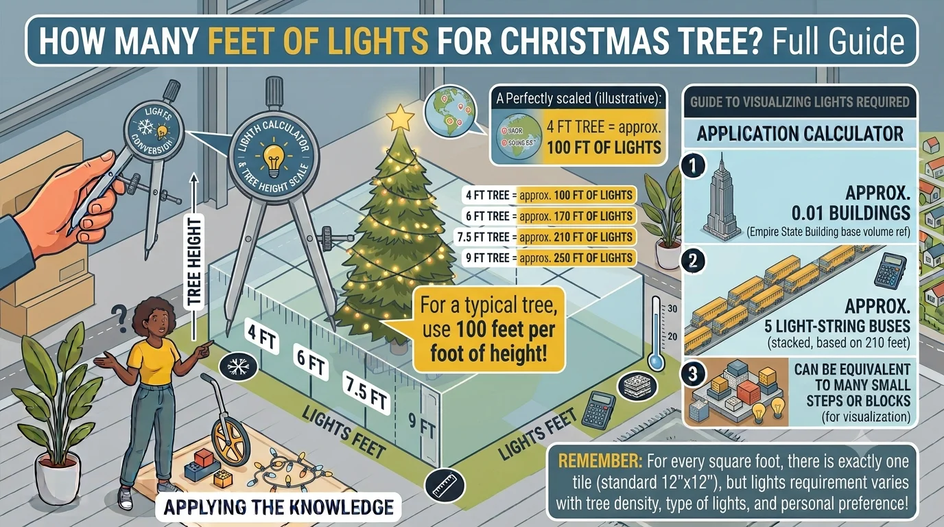 Infographic is showing that How Many Feet of Lights for Christmas Tree? Full Guide