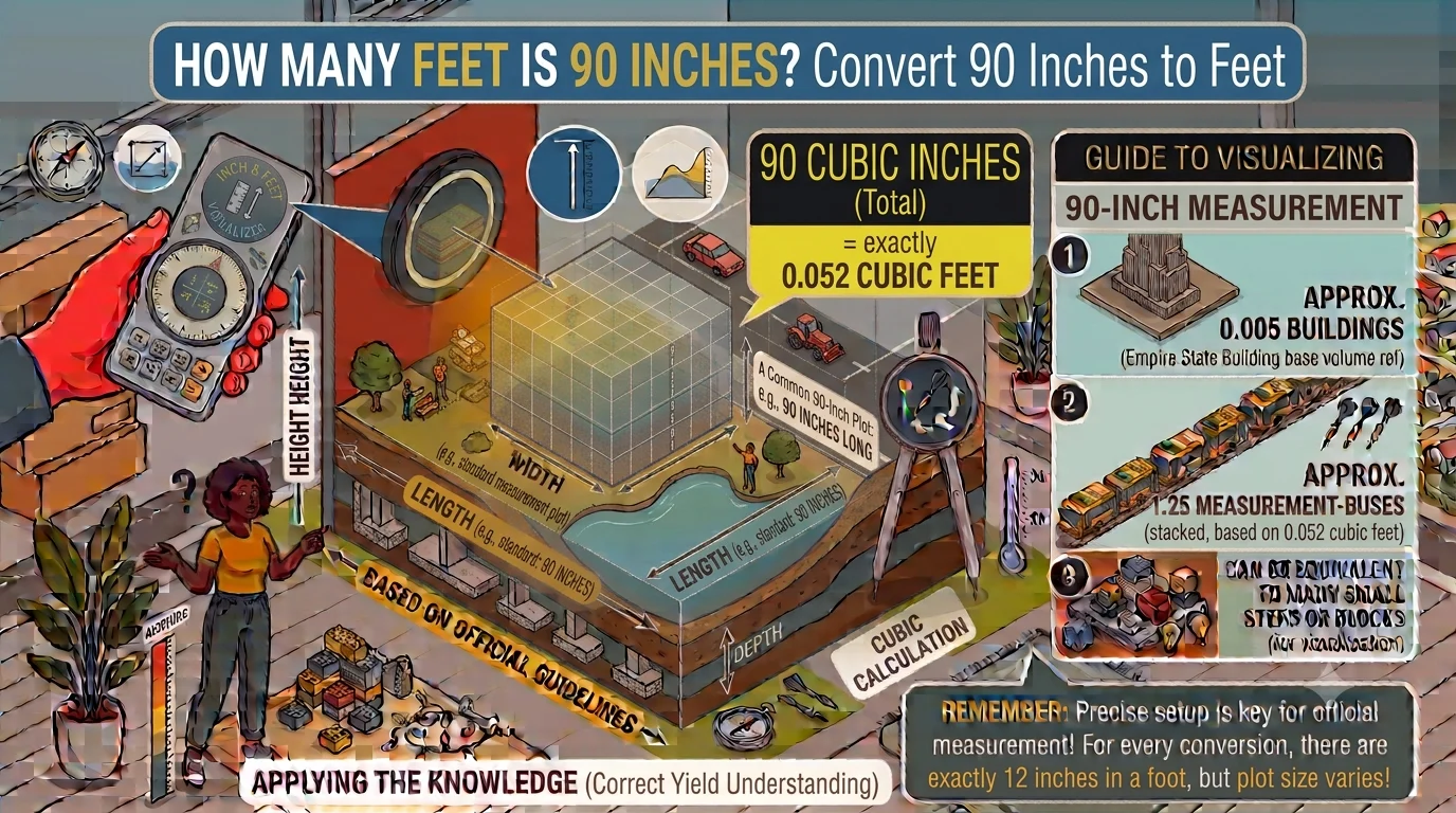 Infographic is showing that How Many Feet Is 90 Inches? Convert 90 Inches to Feet