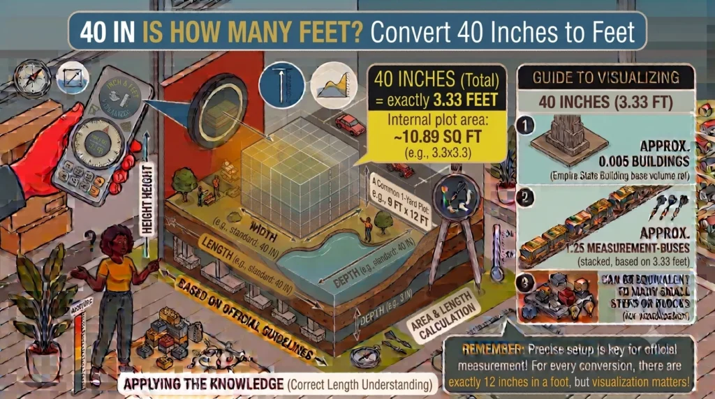 Infographic is showing that 40 in Is How Many Feet? Convert 40 Inches to Feet