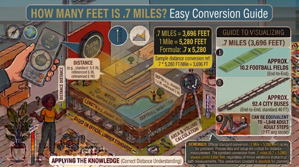 Infographic is showing that How Many Feet Is .7 Miles? Easy Conversion Guide