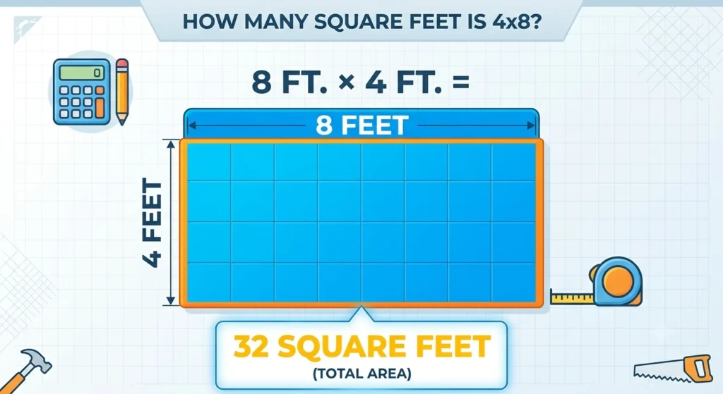 Infographic is showing that How Many Square Feet Is 4x8? Easy Calculation Guide