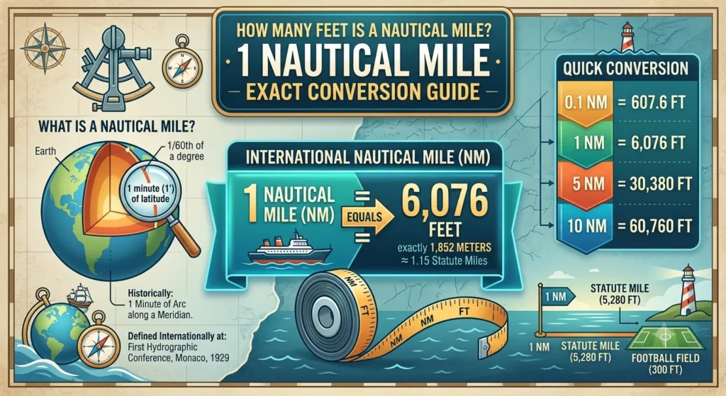 Infographic is showing thar How that Many Feet Is a Nautical Mile? Exact Conversion Guide