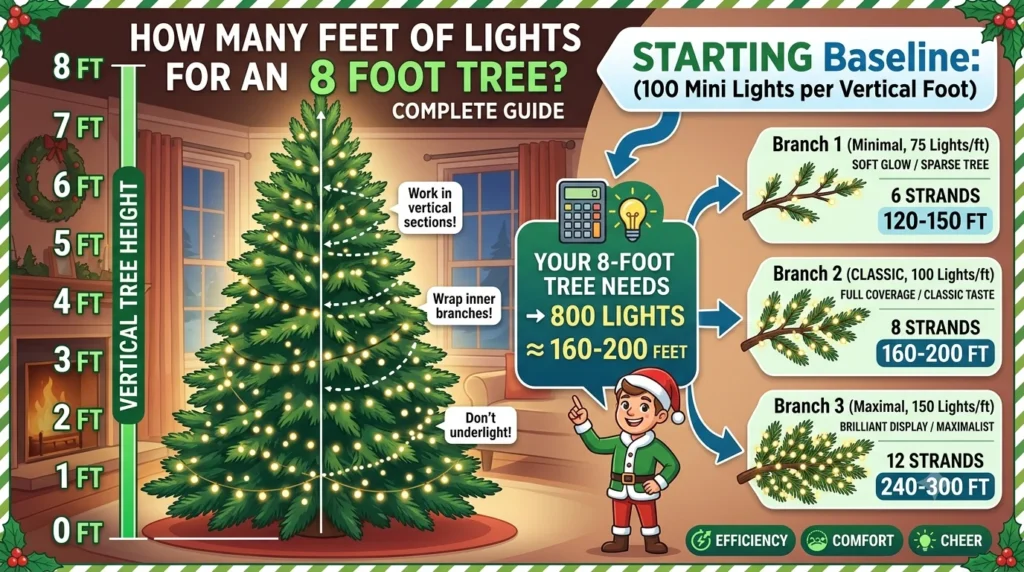 Infographic is showing that How Many Feet of Lights for an 8 Foot Tree? Complete Guide