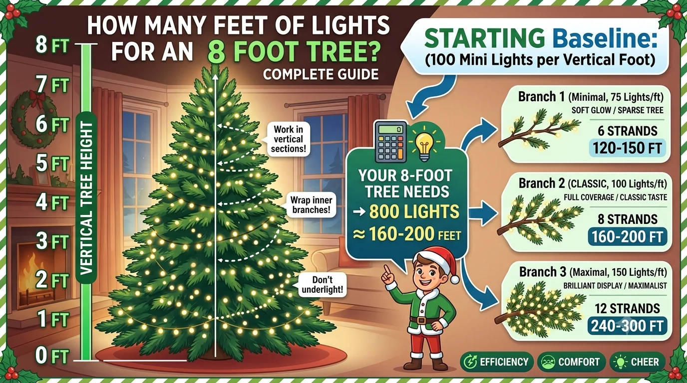 Infographic is showing that How Many Feet of Lights for an 8 Foot Tree? Complete Guide