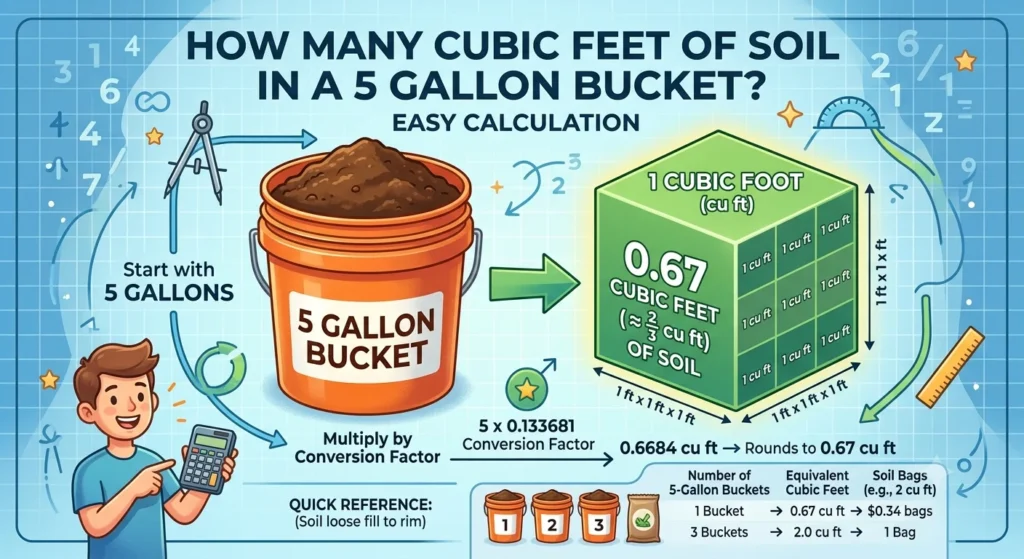 Infographic is showing that How Many Cubic Feet of Soil in a 5 Gallon Bucket?