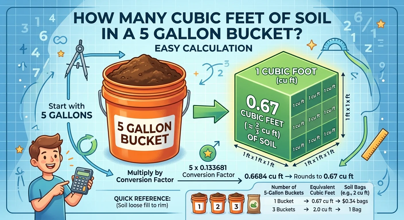 Infographic is showing that How Many Cubic Feet of Soil in a 5 Gallon Bucket?