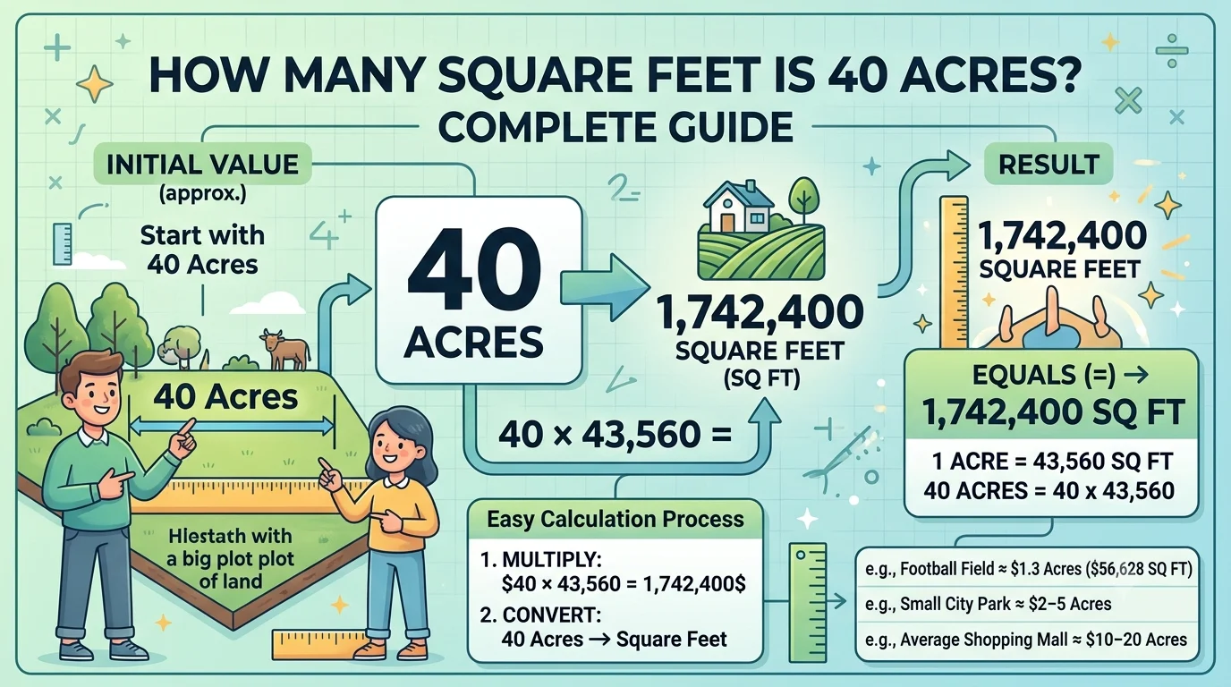 Infographic is showing that How Many Square Feet Is 40 Acres? Complete Guide