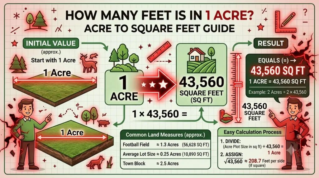 infographic is showing that How Many Feet Is in 1 Acre? Acre to Square Feet Guide