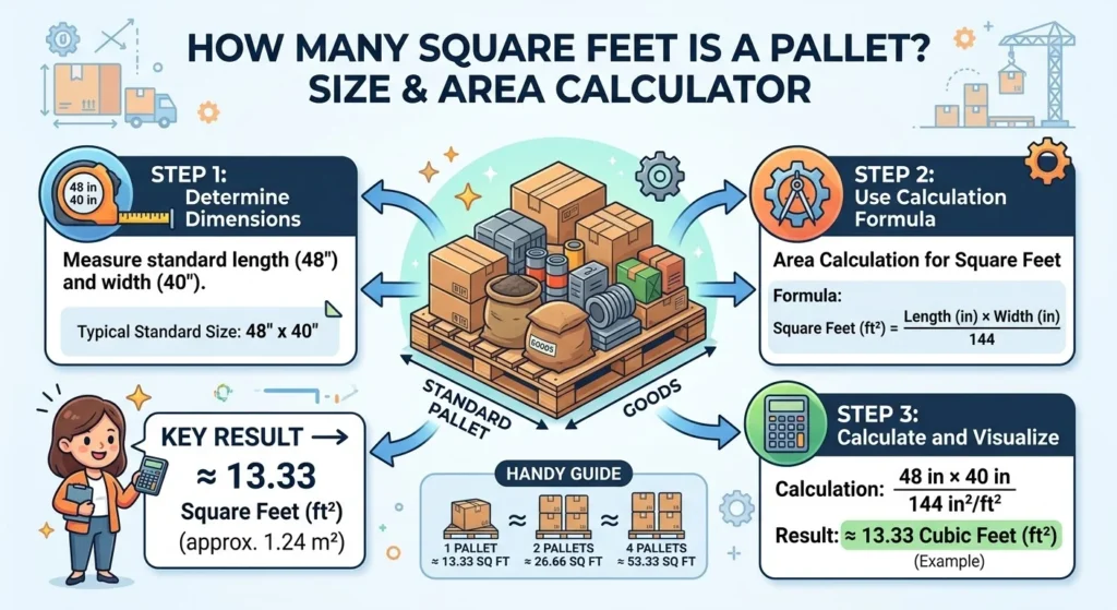 Infographic is showing that How Many Square Feet Is a Pallet? Size & Area Calculator's