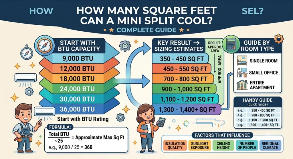 Infographic is showing that How Many Square Feet Can a Mini Split Cool? Complete Guide